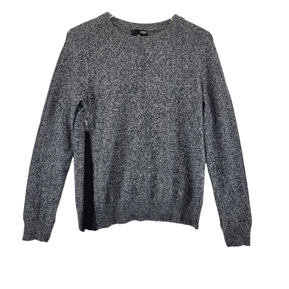 Aqua 100% Cashmere Crewneck Sweater Gray White Marled Zipper Womens Size Medim